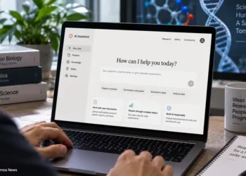 Person using an AI assistant on a laptop for scientific research, document analysis, complex topics, and responsible artificial intelligence use.