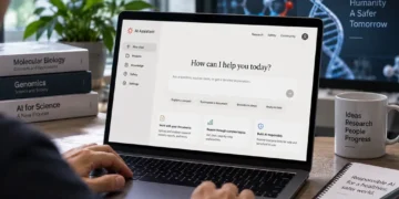 Person using an AI assistant on a laptop for scientific research, document analysis, complex topics, and responsible artificial intelligence use.