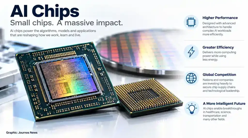 Editorial graphic showing AI chips, semiconductor components, performance, efficiency, global competition, and future applications across industries.
