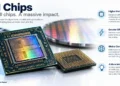 Editorial graphic showing AI chips, semiconductor components, performance, efficiency, global competition, and future applications across industries.