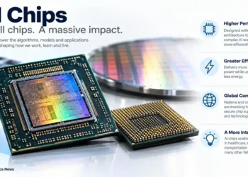 Editorial graphic showing AI chips, semiconductor components, performance, efficiency, global competition, and future applications across industries.