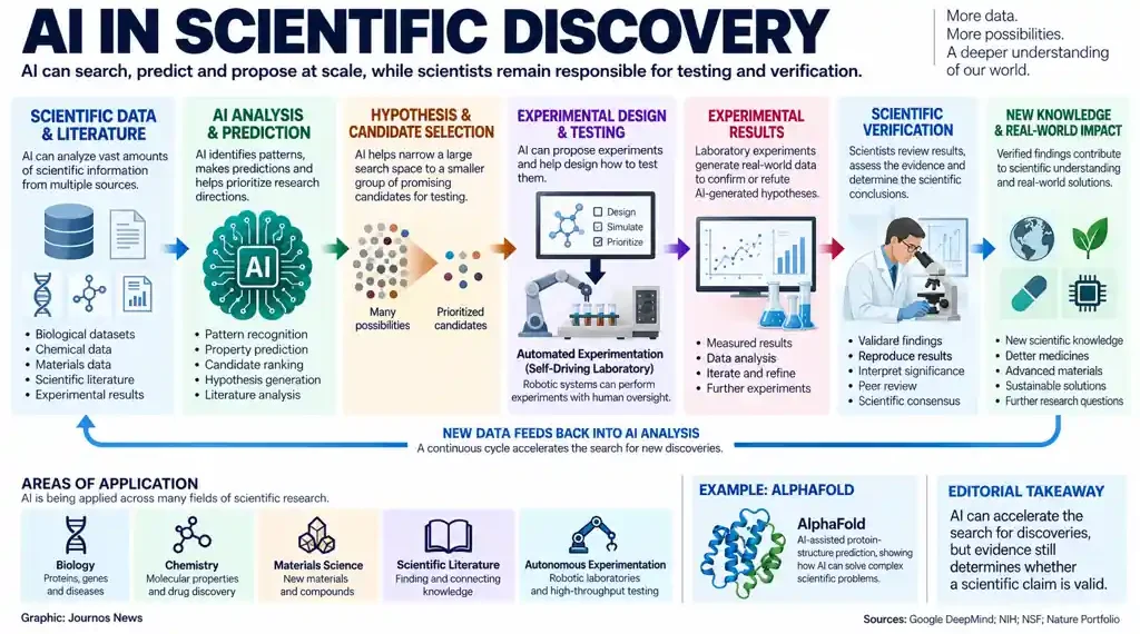 AI supports scientific discovery through data analysis, hypothesis selection, experimental design, testing, verification, and development of new knowledge.