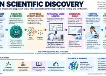 AI supports scientific discovery through data analysis, hypothesis selection, experimental design, testing, verification, and development of new knowledge.
