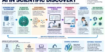 AI supports scientific discovery through data analysis, hypothesis selection, experimental design, testing, verification, and development of new knowledge.