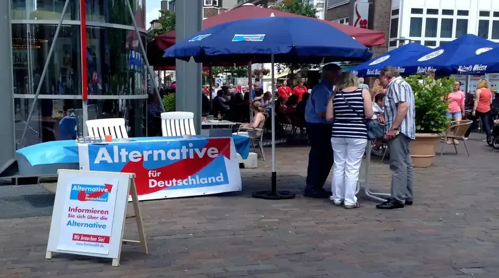 Alternative for Germany campaign information stand in downtown Bocholt, Germany, photographed during a public street event in 2013.