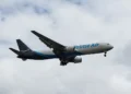 Amazon Air Boeing 767-300F operated by 21 Air approaches Miami International Airport in Miami, Florida.