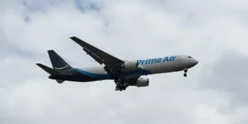Amazon Air Boeing 767-300F operated by 21 Air approaches Miami International Airport in Miami, Florida.