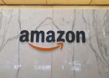 Amazon logo displayed on a building in Sydney, Australia, photographed on April 25, 2023.