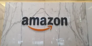 Amazon logo displayed on a building in Sydney, Australia, photographed on April 25, 2023.