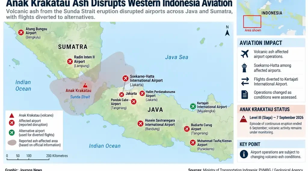 Map showing Anak Krakatau volcanic ash affecting airports across Java and Sumatra, with flights diverted to alternative airports.