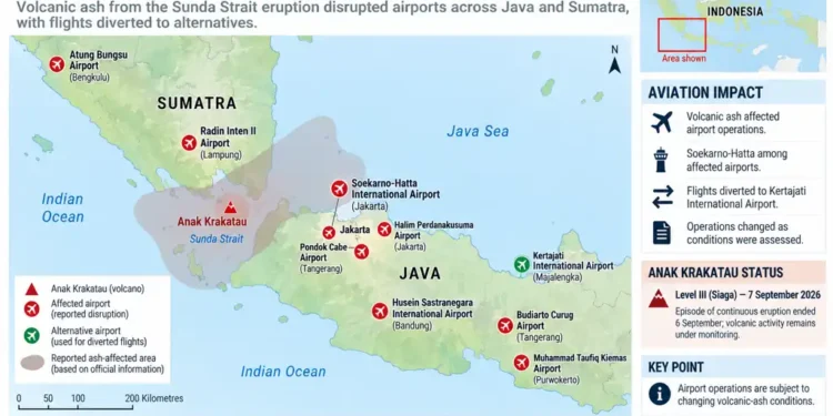 Map showing Anak Krakatau volcanic ash affecting airports across Java and Sumatra, with flights diverted to alternative airports.