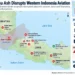 Map showing Anak Krakatau volcanic ash affecting airports across Java and Sumatra, with flights diverted to alternative airports.
