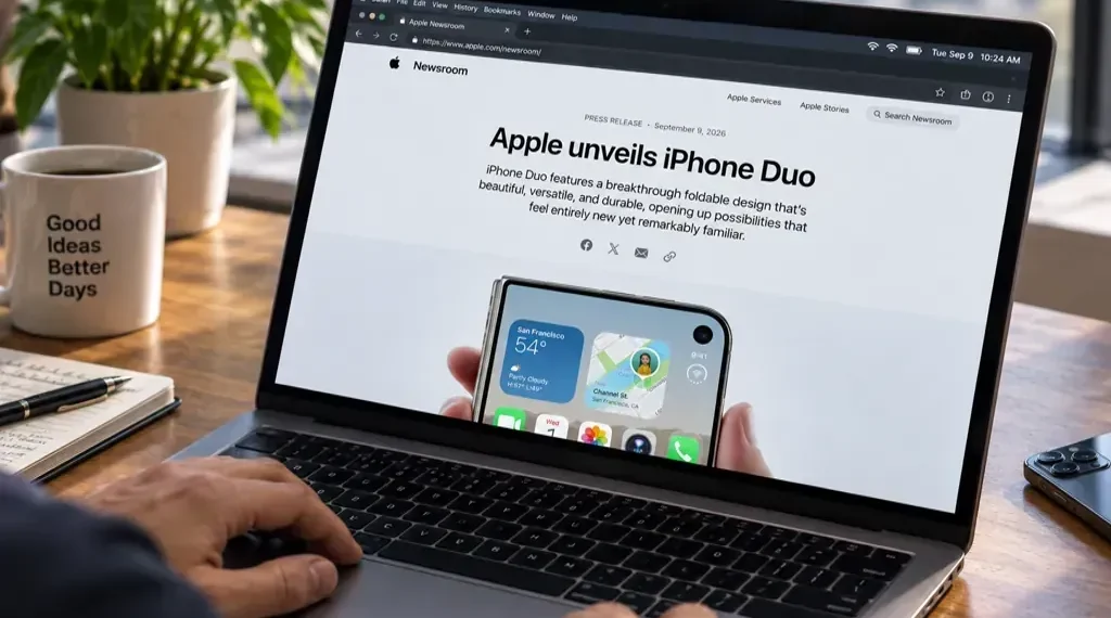 A person browses an Apple Newsroom page about the iPhone Duo on a laptop at a desk.