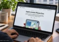 A person browses an Apple Newsroom page about the iPhone Duo on a laptop at a desk.