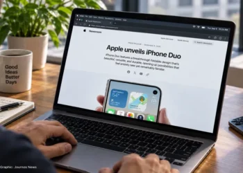 A person browses an Apple Newsroom page about the iPhone Duo on a laptop at a desk.