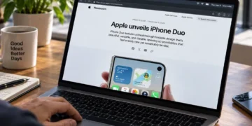 A person browses an Apple Newsroom page about the iPhone Duo on a laptop at a desk.