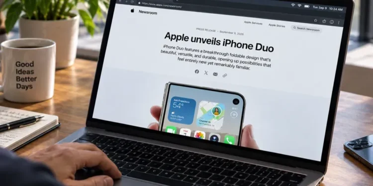 A person browses an Apple Newsroom page about the iPhone Duo on a laptop at a desk.