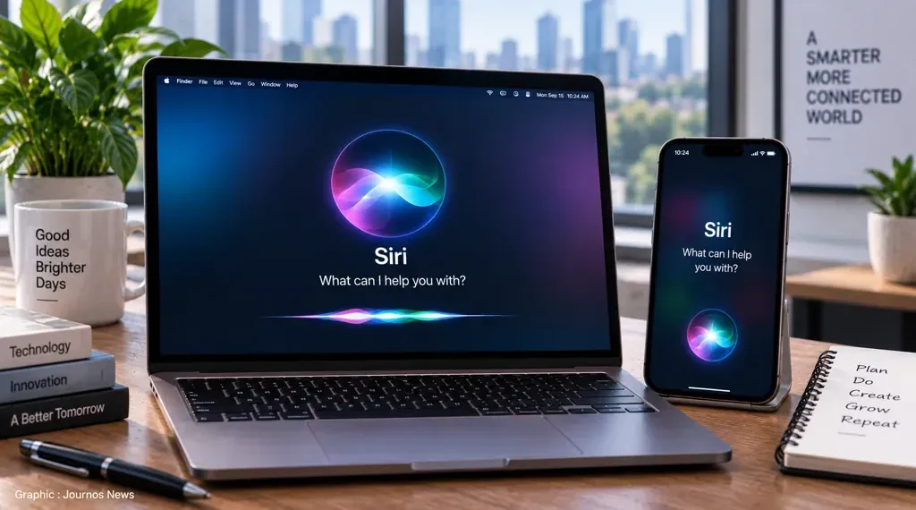 Apple Siri AI assistant displayed on a laptop and smartphone, illustrating voice-based digital assistance across devices.