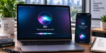 Apple Siri AI assistant displayed on a laptop and smartphone, illustrating voice-based digital assistance across devices.