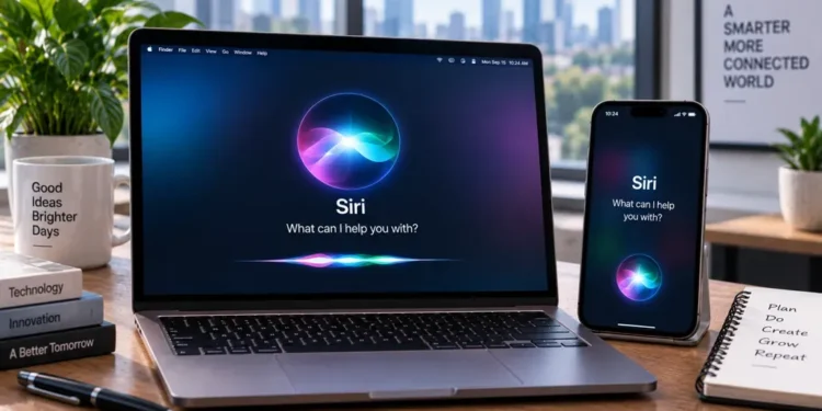 Apple Siri AI assistant displayed on a laptop and smartphone, illustrating voice-based digital assistance across devices.