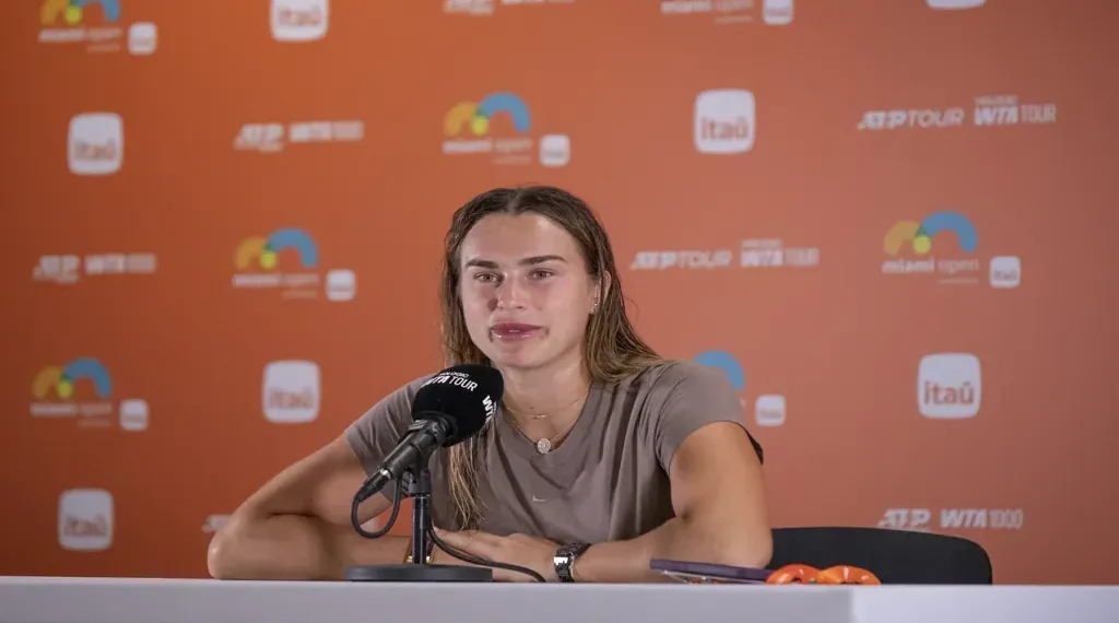 Aryna Sabalenka competes at the 2025 Miami Open at Hard Rock Stadium in Miami Gardens, Florida.