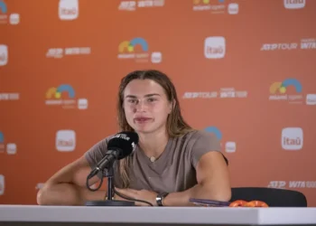 Aryna Sabalenka competes at the 2025 Miami Open at Hard Rock Stadium in Miami Gardens, Florida.