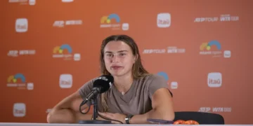 Aryna Sabalenka competes at the 2025 Miami Open at Hard Rock Stadium in Miami Gardens, Florida.