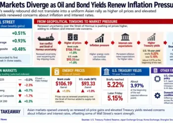 Asian markets diverge as higher oil prices and U.S. Treasury yields renew inflation and interest-rate concerns across regional economies.