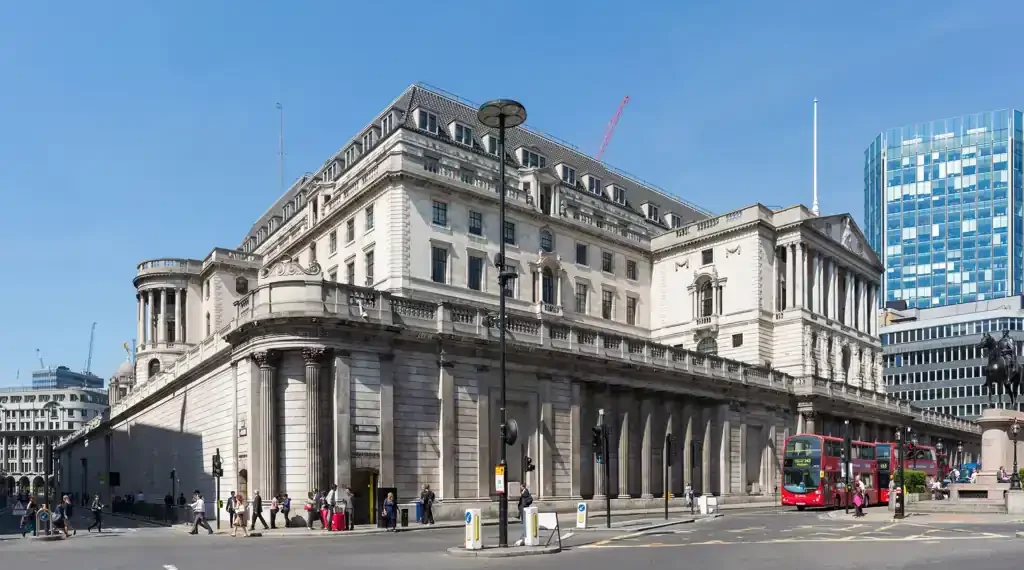 Bank of England building viewed from Lombard Street in London, photographed on June 12, 2015.