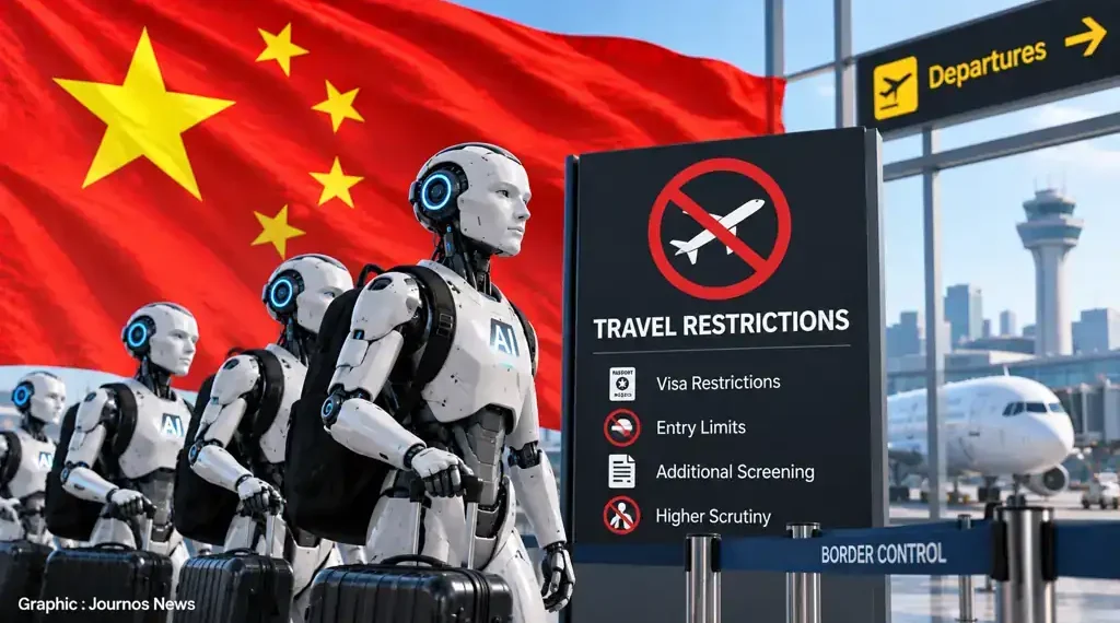 AI humanoid robots with luggage stand beside travel restriction signage at an airport against a Chinese flag backdrop.