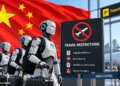 AI humanoid robots with luggage stand beside travel restriction signage at an airport against a Chinese flag backdrop.
