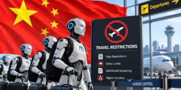 AI humanoid robots with luggage stand beside travel restriction signage at an airport against a Chinese flag backdrop.