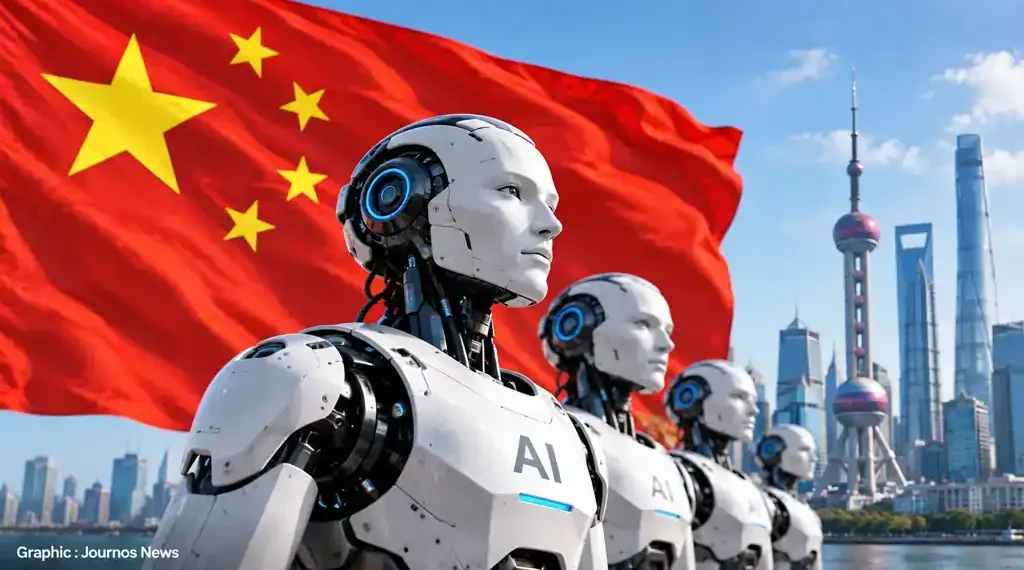 Chinese flag behind humanoid AI robots with Shanghai skyline, illustrating China’s artificial intelligence and robotics development.