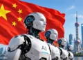 Chinese flag behind humanoid AI robots with Shanghai skyline, illustrating China’s artificial intelligence and robotics development.