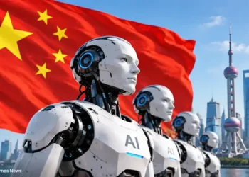 Chinese flag behind humanoid AI robots with Shanghai skyline, illustrating China’s artificial intelligence and robotics development.