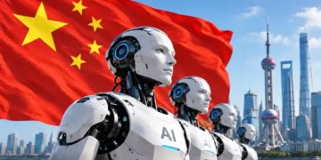 Chinese flag behind humanoid AI robots with Shanghai skyline, illustrating China’s artificial intelligence and robotics development.