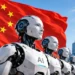 Chinese flag behind humanoid AI robots with Shanghai skyline, illustrating China’s artificial intelligence and robotics development.