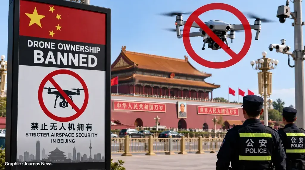 Police officers stand near Beijing landmarks as a drone ban sign highlights tighter airspace security measures in China.