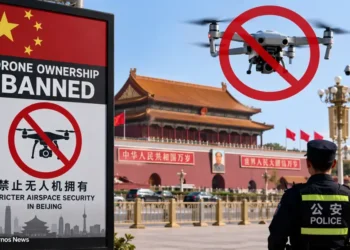 Police officers stand near Beijing landmarks as a drone ban sign highlights tighter airspace security measures in China.