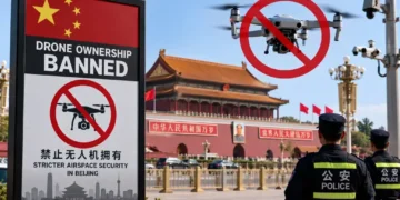 Police officers stand near Beijing landmarks as a drone ban sign highlights tighter airspace security measures in China.