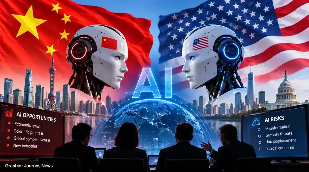 China and U.S. flags frame AI robots as people discuss opportunities and risks surrounding artificial intelligence and global competition.