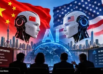 China and U.S. flags frame AI robots as people discuss opportunities and risks surrounding artificial intelligence and global competition.