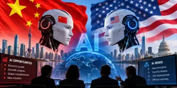 China and U.S. flags frame AI robots as people discuss opportunities and risks surrounding artificial intelligence and global competition.