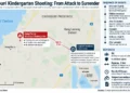 Map showing the Chonburi kindergarten shooting, evacuation of 44 children, suspect's nearby residence, and 20-hour police standoff.