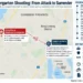 Map showing the Chonburi kindergarten shooting, evacuation of 44 children, suspect's nearby residence, and 20-hour police standoff.