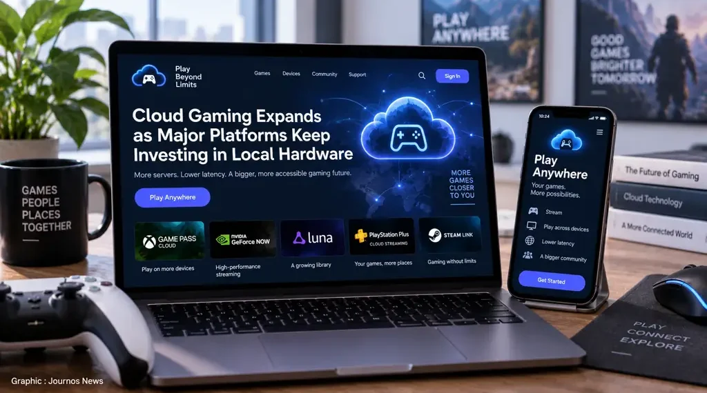 Laptop and smartphone display cloud gaming services, with game controller, streaming platforms and connectivity concepts arranged on a desk.