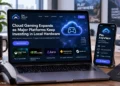 Laptop and smartphone display cloud gaming services, with game controller, streaming platforms and connectivity concepts arranged on a desk.