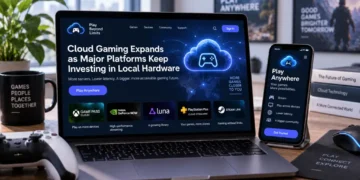 Laptop and smartphone display cloud gaming services, with game controller, streaming platforms and connectivity concepts arranged on a desk.