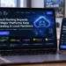 Laptop and smartphone display cloud gaming services, with game controller, streaming platforms and connectivity concepts arranged on a desk.