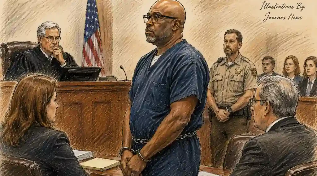Courtroom illustration showing a handcuffed defendant standing before a judge, with attorneys, a law enforcement officer and observers present.